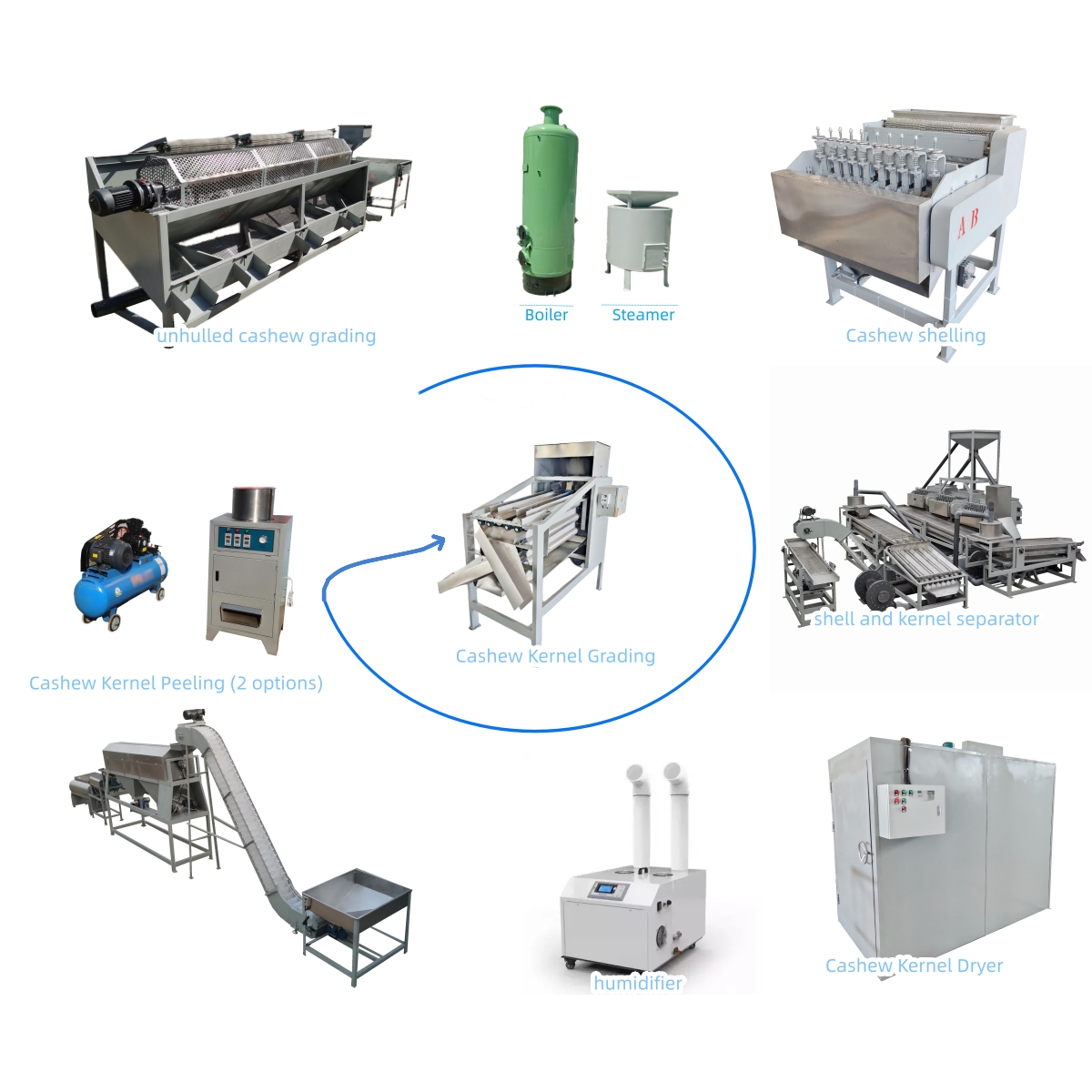 腰果生产线相关产品图 linha de processamento de caju